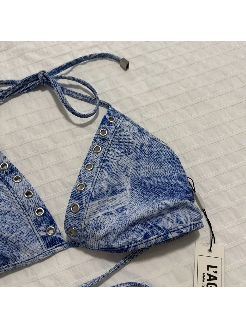 L'AGENCE Annabelle Denim Print Triangle Bikini Top Blue Swim M Medium NWT $185